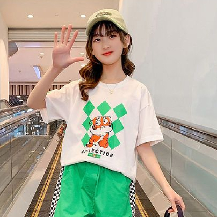 Korean Children's Wear Boys and Girls Pure Cotton T-shirt 2023 Summer New Korean Style Girl's BF Style Mid-length Short-sleeve Dress Trendy