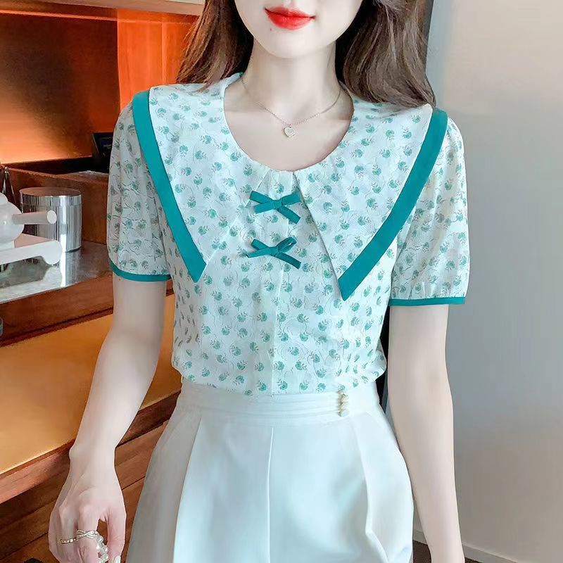 Picture of Chiffon Blouse for Women, Spring and Autumn 2023, Doll Collar, Thin Mesh Top, Stylish and Versatile, Floral Pattern, Fashionable and Elegant