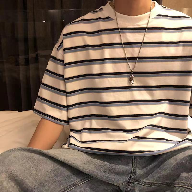Japanese Style Harajuku Style Striped Short-sleeved Men's Summer Hong Kong Style ins Simple Couple's Half-sleeve T-shirt Men's Handsome Fashion