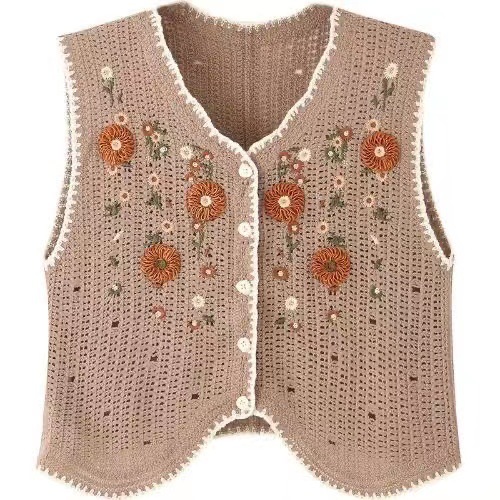 Picture of Autumn and Winter Short Sleeveless Small Flower Embroidered Single Row Multi-Buckle Vest Women's Outer Wear Fashionable Hollow Crochet Top Cardigan