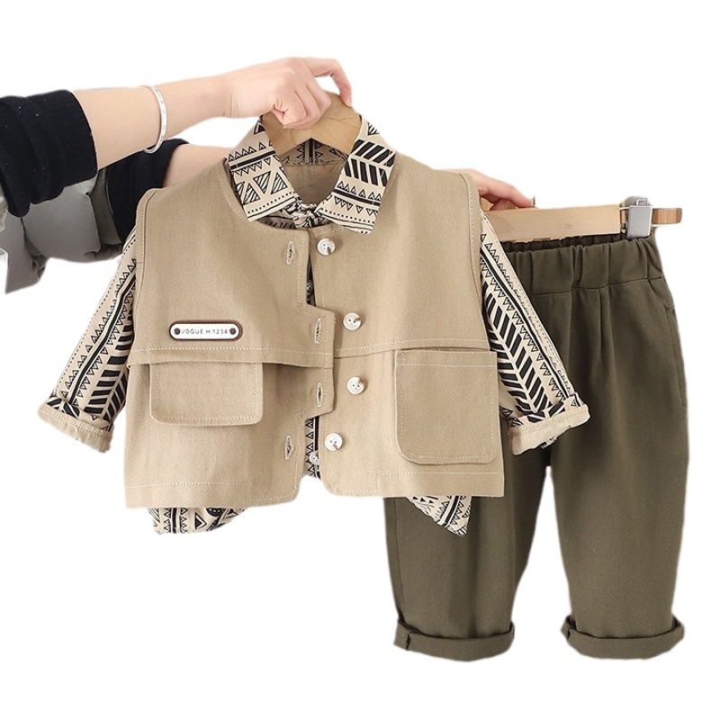 Korean style new western style baby spring clothes baby irregular access control vest long sleeve three-piece set boy Spring Suit