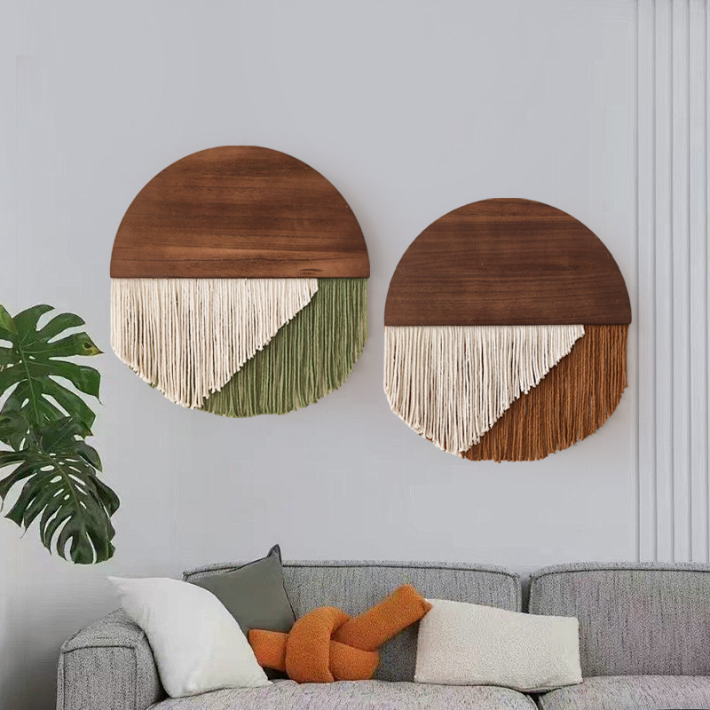 Picture of Bohemian Style Semicircular Wooden Board Tassel Tapestry B&B Cotton Tapestry Background Handmade Wall Hanging Woven Tapestry