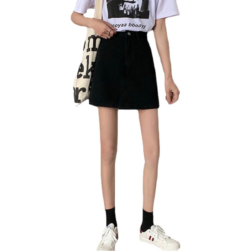 Solid Color A- Line Skirt Women's Summer 2022 New Student High Waist Denim Skirt Casual Slimming Hip Short Skirt