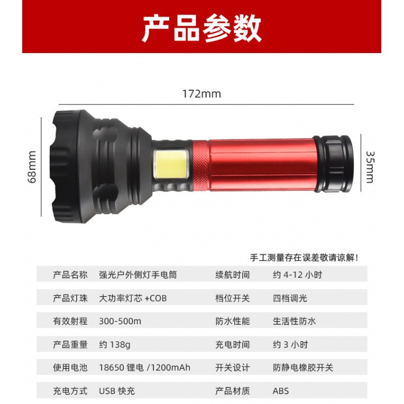 Picture of Zoom Strong Light Aluminum Alloy Flashlight USB Charging Power Display Cob Side Light Outdoor Long-Range Flashlight Lightweight