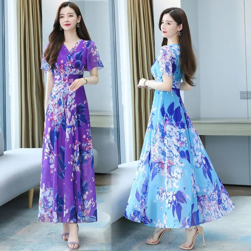 2023 Summer Fashion New Arrival dress Printed V-Neck Tight Waist Mid-Length Elegant Short-Sleeved Seaside Vacation Skirt