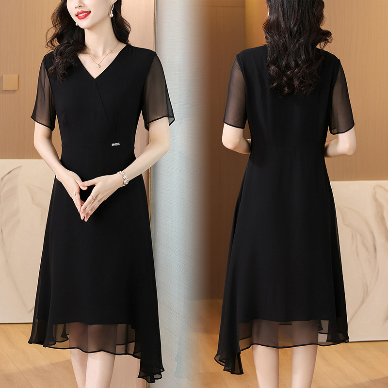 French V-neck Chiffon dress Women's 2024 Summer New Simple Fashion Elegant Commuter Slim-fit Black Dress