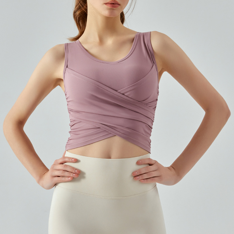 Cross pleats yoga vest top with chest pad women's semi-fixed cup fitness sports yoga wear vest to collect accessory breasts