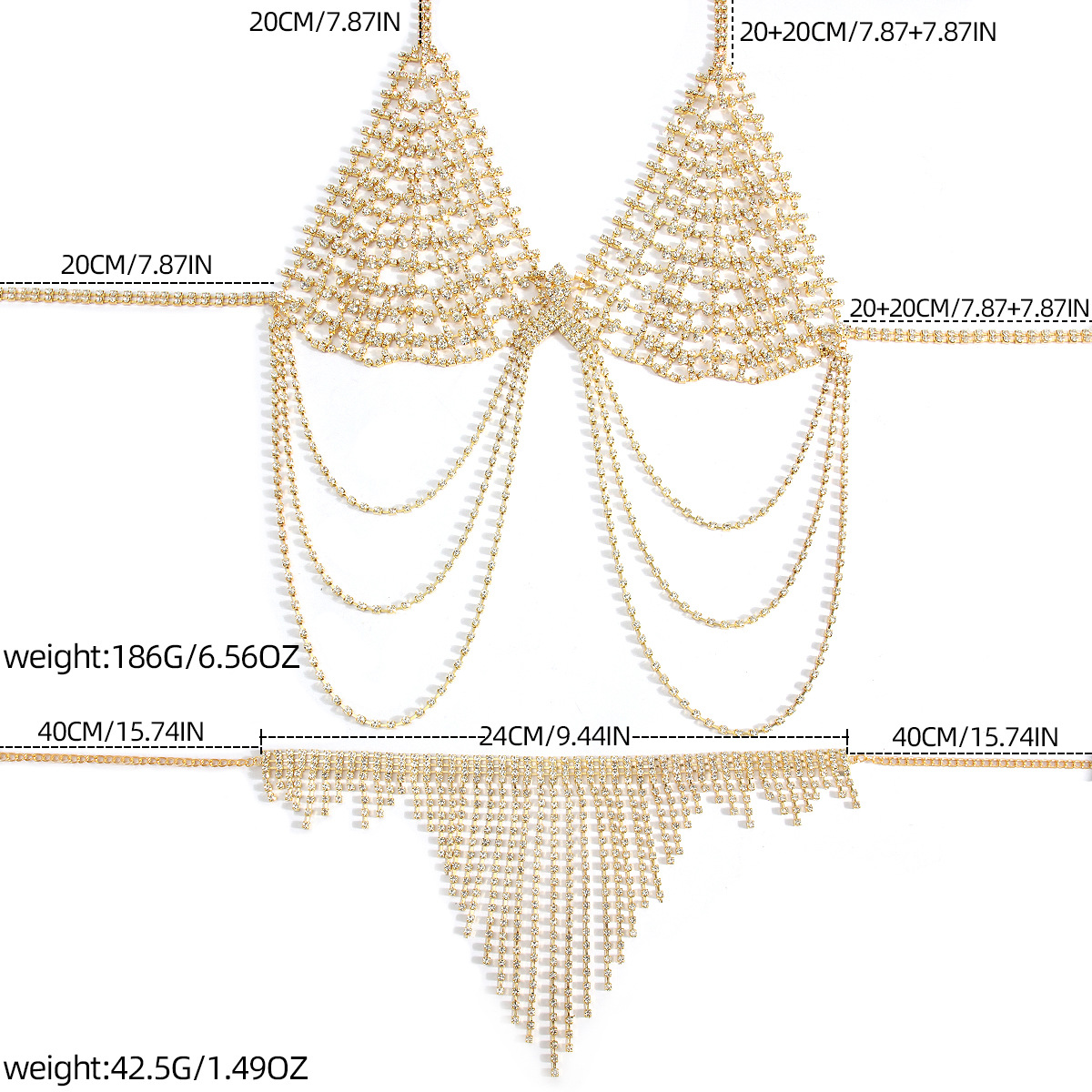 Picture of Personality Fashion Full Diamond Tassel Body Chain suit European and American Nightclub Sexy Exaggerated Bikini Chest Chain Waist Chain Accessories