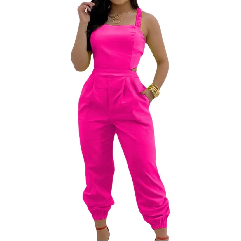 2022 Spring and Summer New Independent Station European and American Cross-border Strap Backless Bow Printed High Waist Jumpsuit for Women