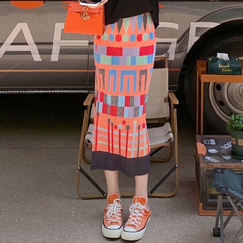 Picture of Niche design pleated skirt spring and summer thin elastic waist printed slimming age-reducing hip slit pleated skirt