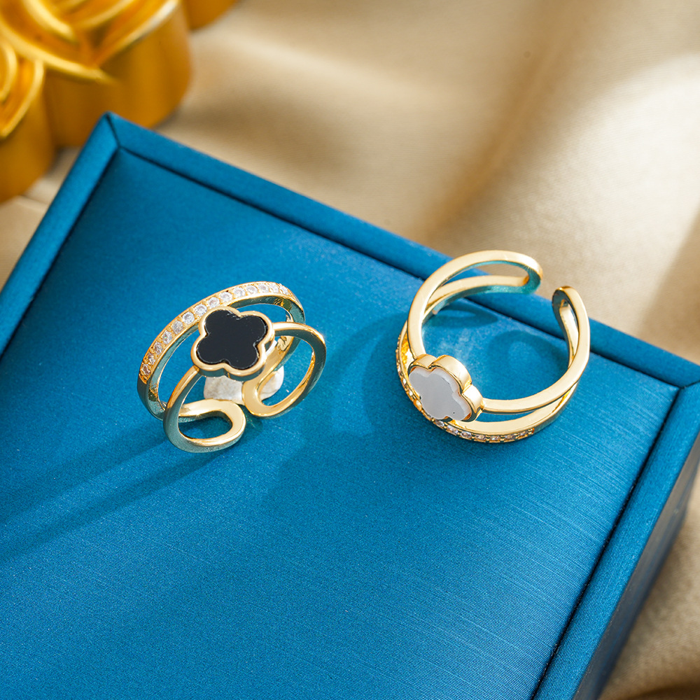 Cross-border Niche Design Korean Style High-grade Ring Women's Light Luxury Four-leaf Clover Zircon Open Ring Ring Wholesale