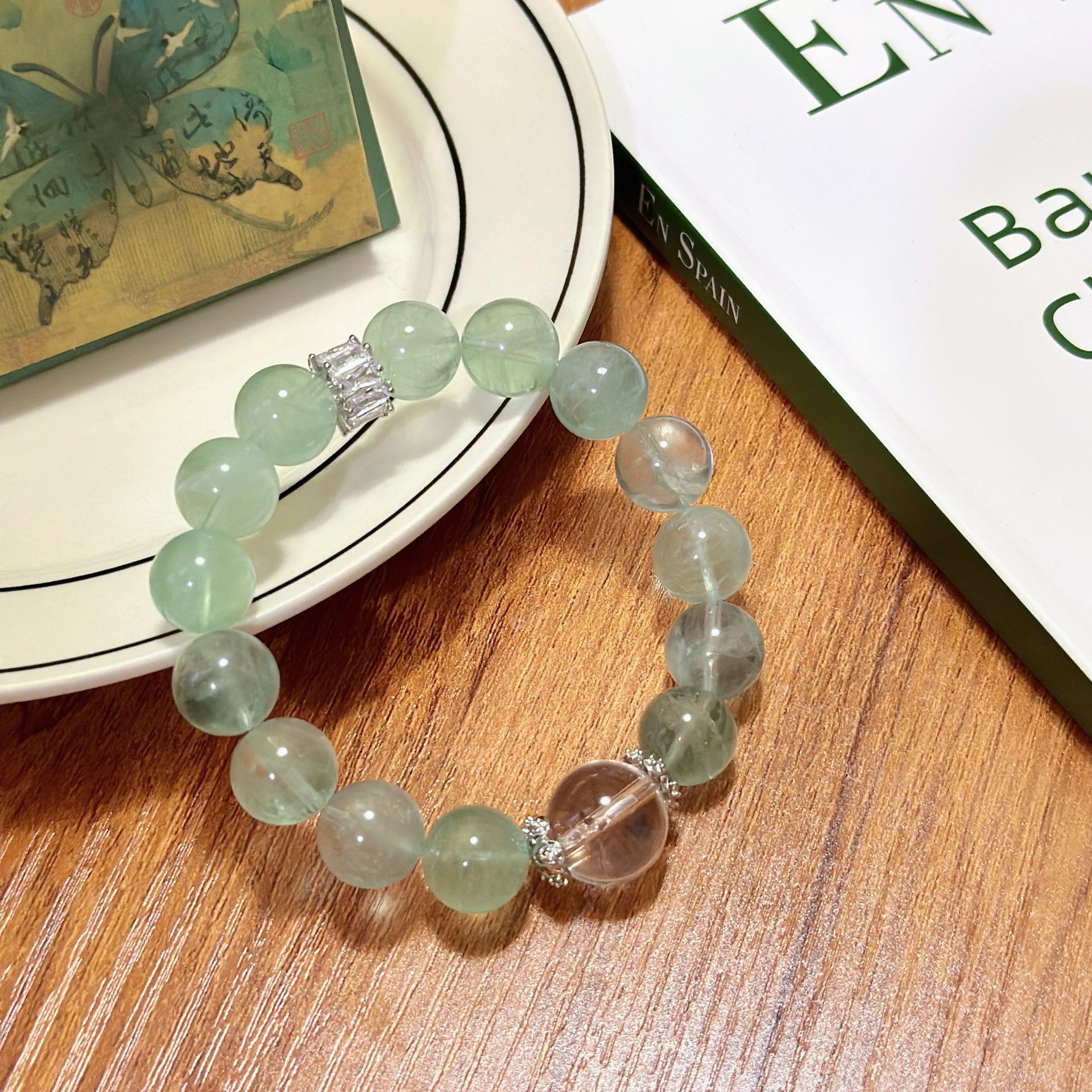 [Mint Green Treasure] Natural Green Fluorite Bracelet Little Red Book with White Crystal Clear Dew Ice Bracelet Jewelry Batch