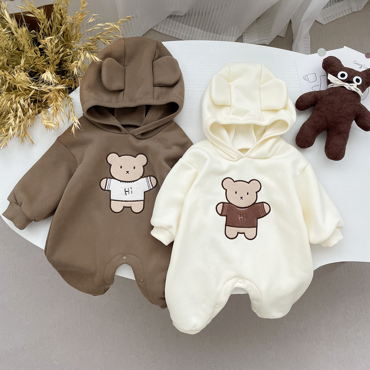 Picture of ins Korean style baby autumn and winter fleece-lined warm long-sleeved jumpsuit children's super cute cartoon bear hooded romper