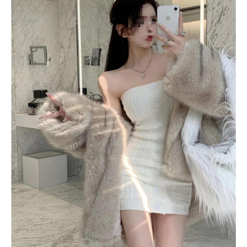 Pure Lust Style Pure Color Spring Clavicle Exposed Knitted Dress Slim Sexy Sexy Tube Top Sweater Dress Hip Skirt for Women