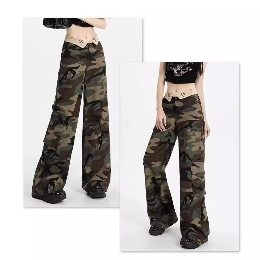 American Camouflage Workwear Women's Spring and Autumn High Waist plus size chubby girl Loose Slimming Pear Shape Wide Leg Denim Pants