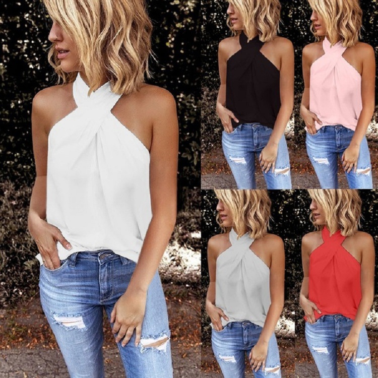 Aliexpress Hot Selling European and American Clothing New Casual Slim Back Zipper Halter Solid Color Sleeveless Spliced ​​Top for Women