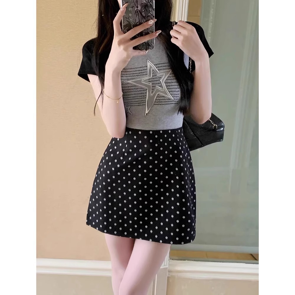 French Style Girl's apricot Wave Dot Skirt Women's Summer Design Sense Niche High Waist Hip A- line Skirt for Women