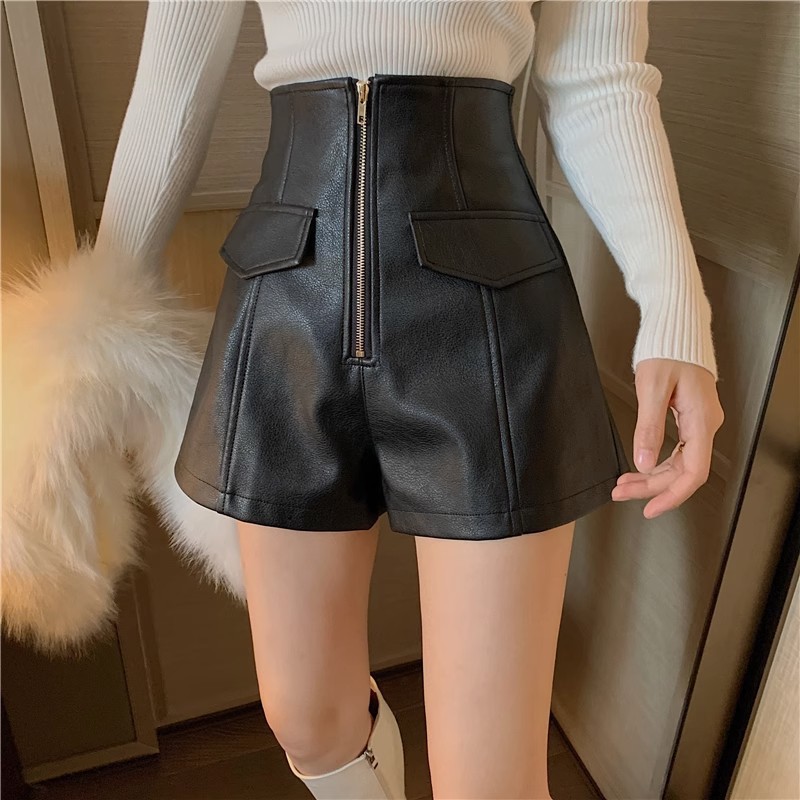 PU Leather Shorts Women's Spring and Autumn Outer Wear High Waist Slimming Boots Pants Fashionable Elegant All-match Leather Pants Zipper A- line Wide Leg Pants