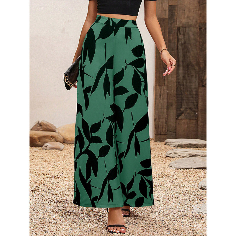 Picture of European and American Amazon Cross-border Foreign Trade Summer New Chiffon Leaf Printed Casual Pants Temperament High Waist Wide Leg Pants for Women