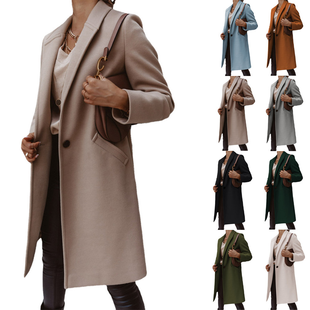 Ebay Amazon wish new autumn and winter solid color lapel long button tweed coat coat women