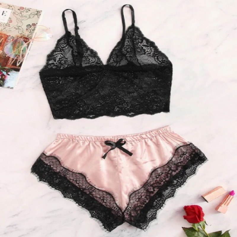 Cross-Border European and American Foreign Trade Sexy Underwear Lace Split Three-Point Suspenders See-Through Sexy Pajamas Women's Summer Suit Wholesale