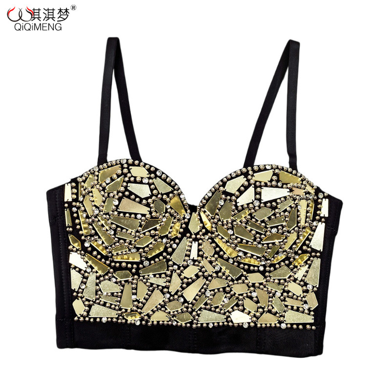 European and American Sexy Vest Suspender Shiny Glass Sheet Stage Performance Outer Wear Hot Selling Beaded Fishbone Top High-End