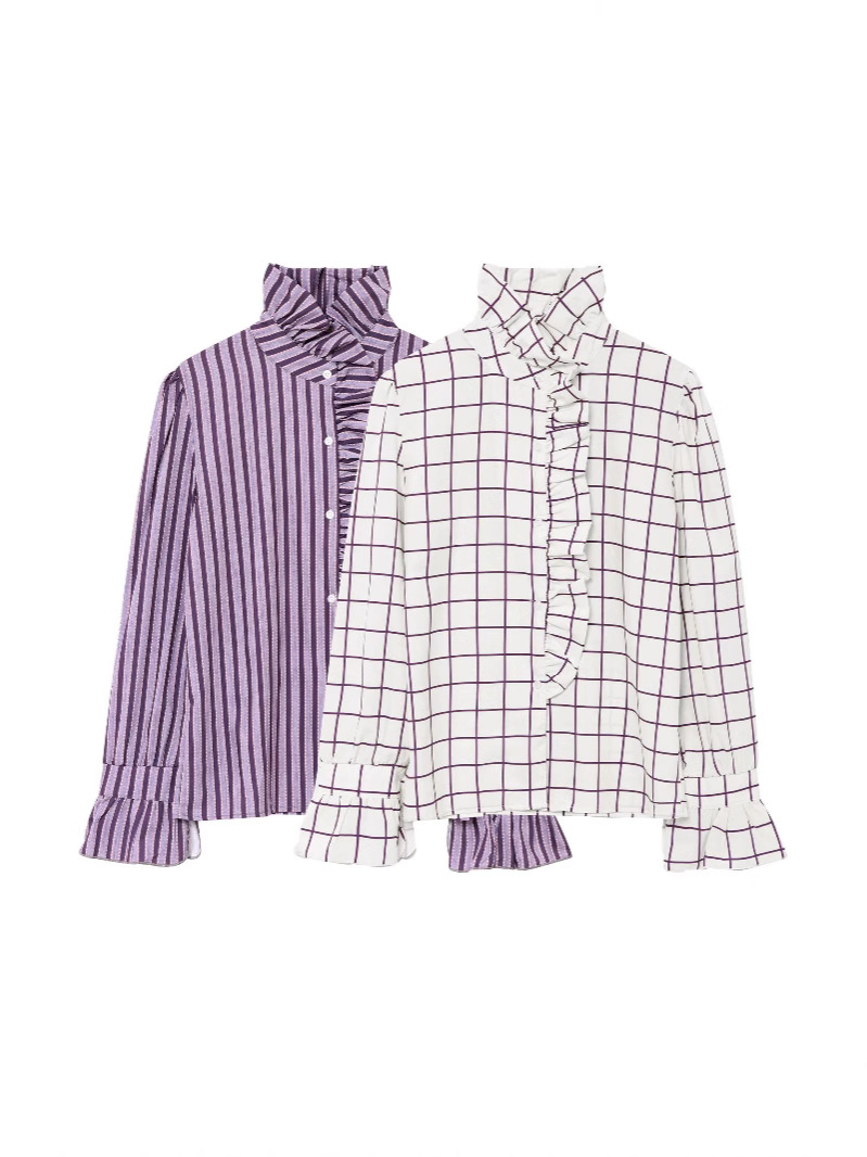 Cross-Border 2025 Spring New European and American Fashion Street Fashion Ruffled Plaid Long-Sleeve Shirt Wholesale