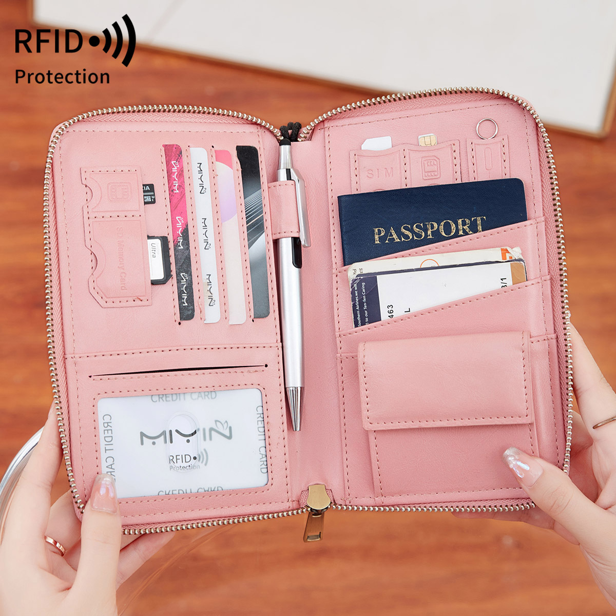 RFID Long Zipper Passport Bag Cross-border Multi-function Travel Document Air Ticket Storage Holder Large Capacity Passport Wallet