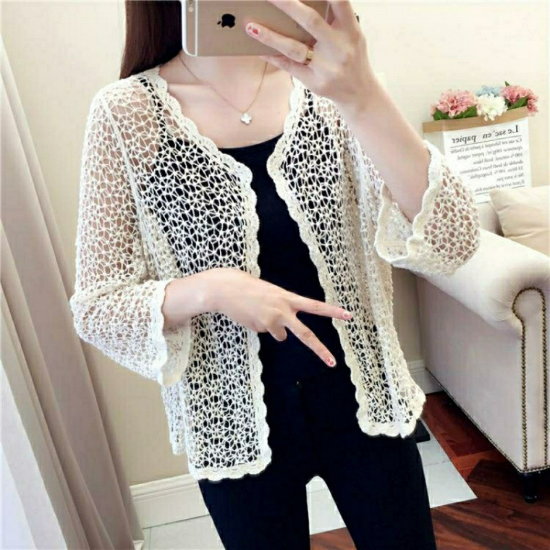 Picture of Hollow Lace Sun Protection Cardigan Women's Spring and Autumn Sun Protection Clothing Seaside Shawl Loose Short Thin Coat Thin Top