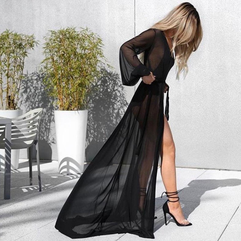 Seaside Holiday Sexy Gauze Dress Extended Mesh See-Through Seaside Floor-Length Sun Protection Blouse