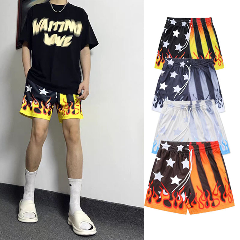 American Casual Shorts Flame Pattern Basketball Sports Fitness Running Beach Casual Breathable Men's Fitness Sports Pants