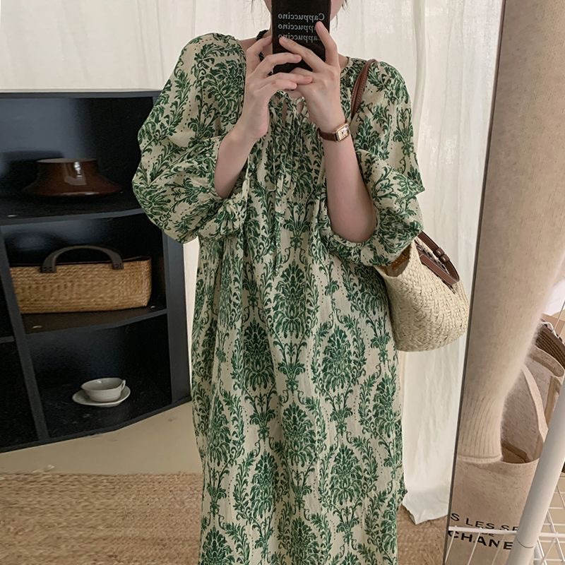 Green Floral Lantern Sleeve dress Women's Summer Vintage South Korea Chic Loose Slim-fit Round Neck Lace-up Long Skirt
