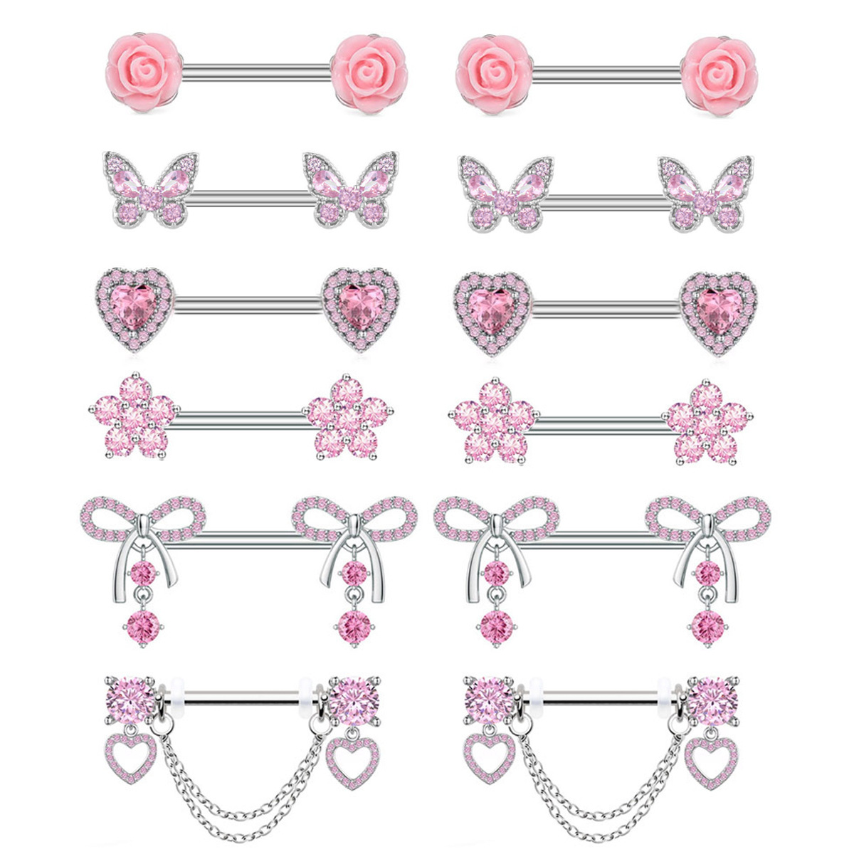 New Pink Stainless Steel Breast Nails Wholesale Simple and Exquisite Peach Heart Rose Body Piercing Zircon Breast Ring Pendant