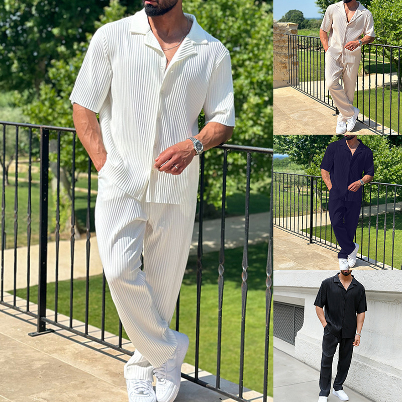 2025 cross-border trade men's casual suit lapel fashion l button short sleeve trousers two-piece solid color shirt