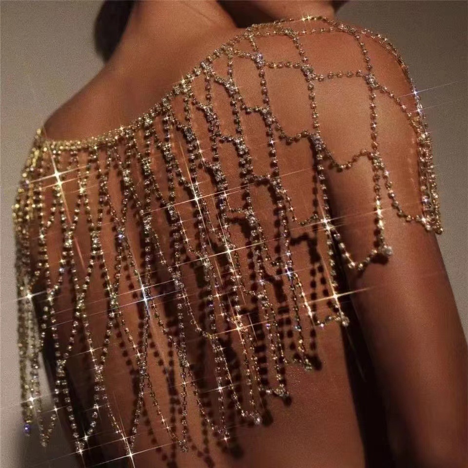 European and American sexy cross-border fashion mesh tassel body chain luxury crystal full diamond tassel bra chain shoulder chain jewelry