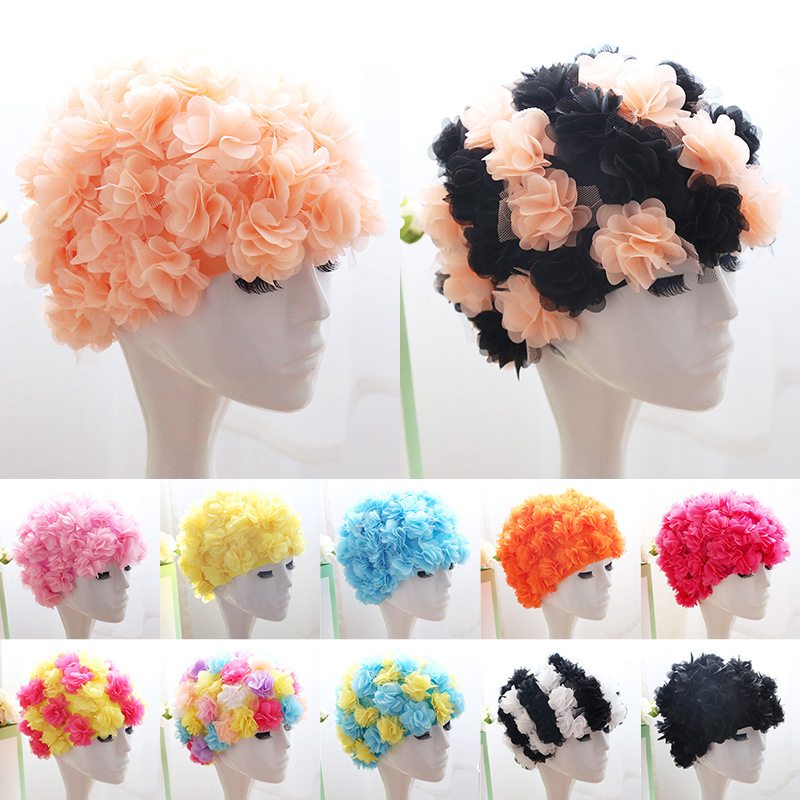 Swimming cap wholesale handmade petal flower fashion women's comfortable plus size adult cute flower swimming cap sewing long hair