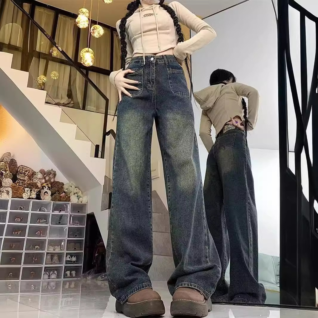 Vintage Blue Wide Leg Jeans Women's Summer 2024 New Fashion Design High Waist Loose Slimming Straight Pants Trendy