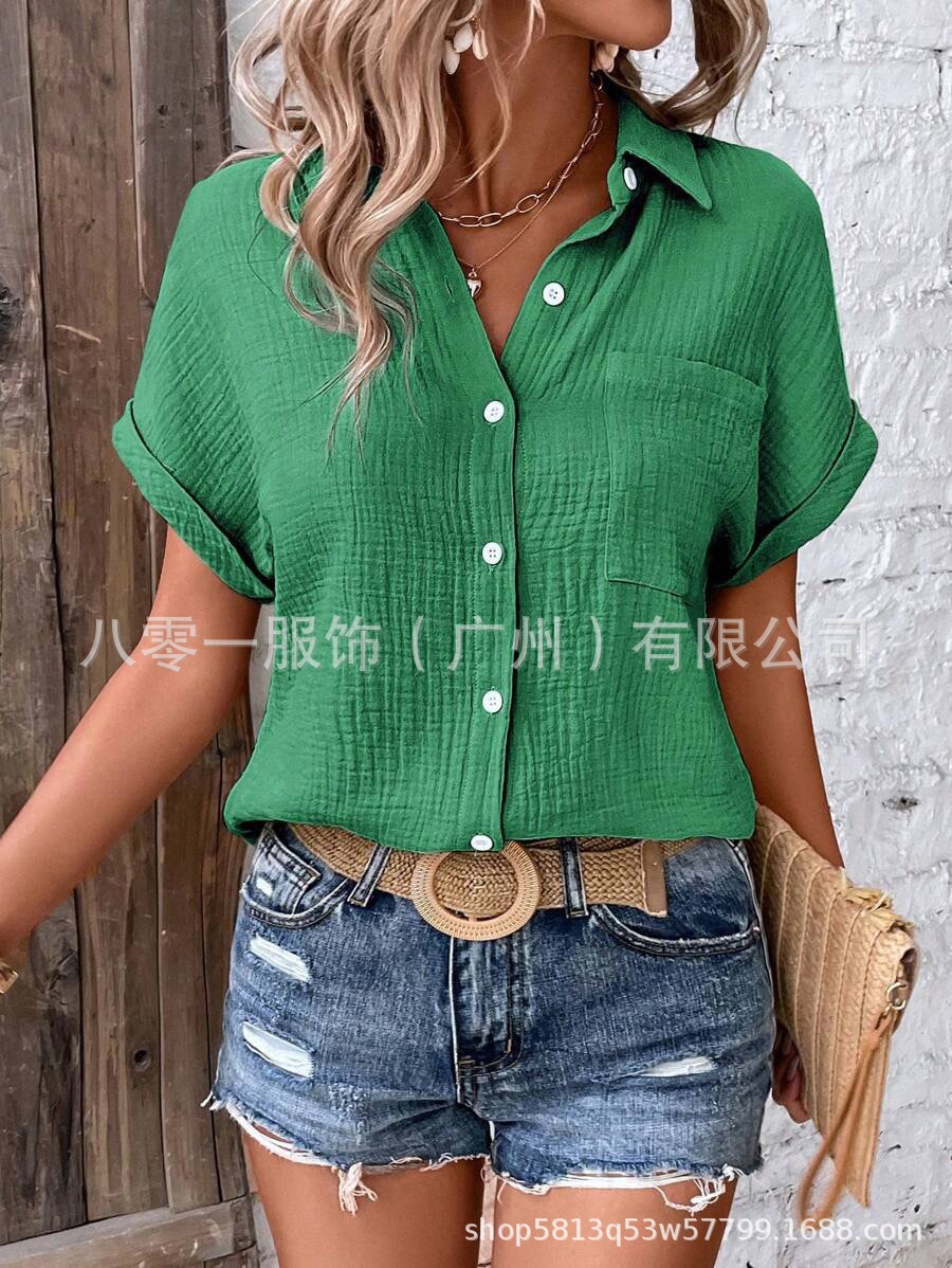 Cross-border 2024 Amazon Summer New European and American Women's Shirt Solid Color Casual Shoulder Sleeve Button Shirt for Women