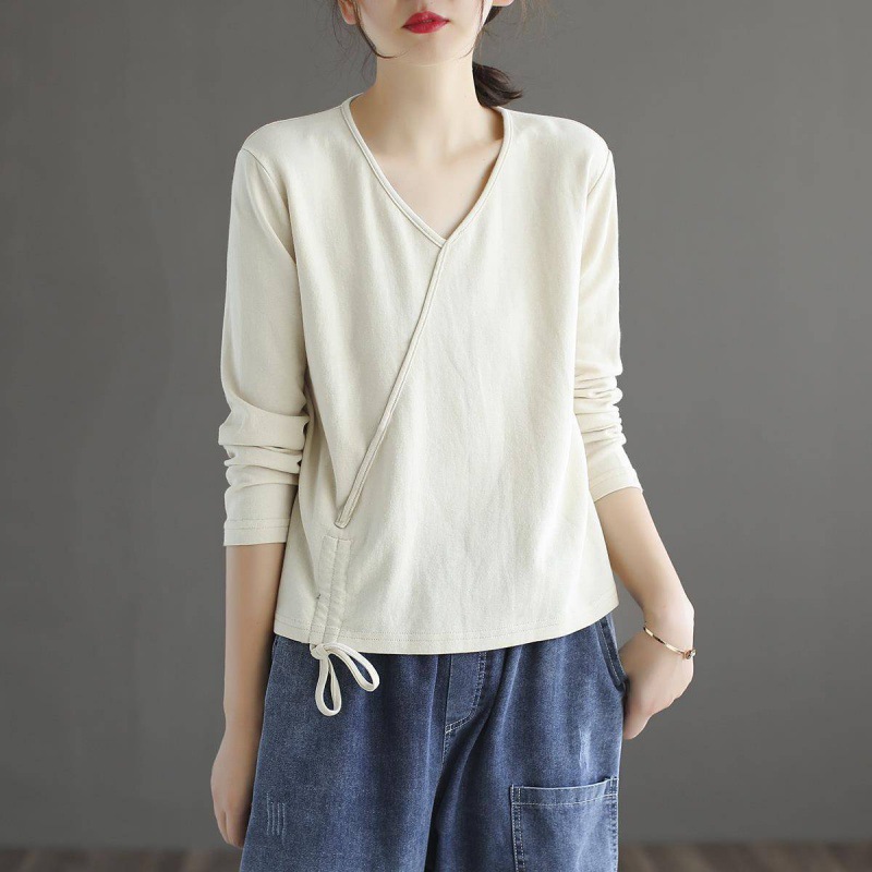 V-neck plus size long-sleeved bottoming shirt Women's Spring and Autumn versatile casual loose fat sister drawstring retro top T-shirt women's fashion