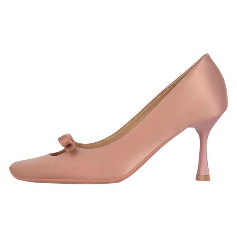 3385-3 Small Bow French Temperament High Heels Women's Design Sense Thin Heel Professional Not Tired Square Head Single Shoes