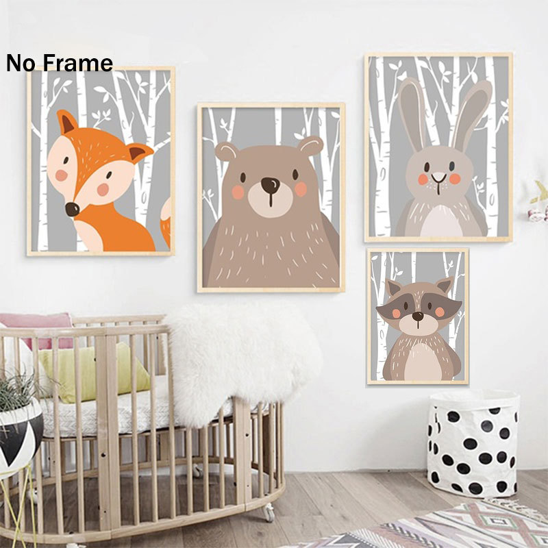 Cross-border Nordic Hanging Painting Modern Simple Decorative Painting Cartoon Grey Bottom Green Bottom Animal Rabbit Fox Bear Oil Painting Core Factory
