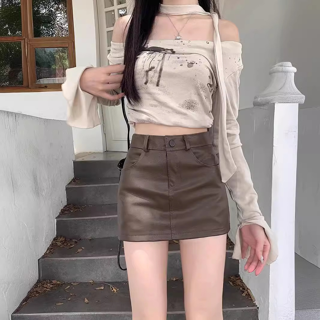Maillard pu leather skirt women's summer 2024 new high waist brown skirt A- line hip skirt