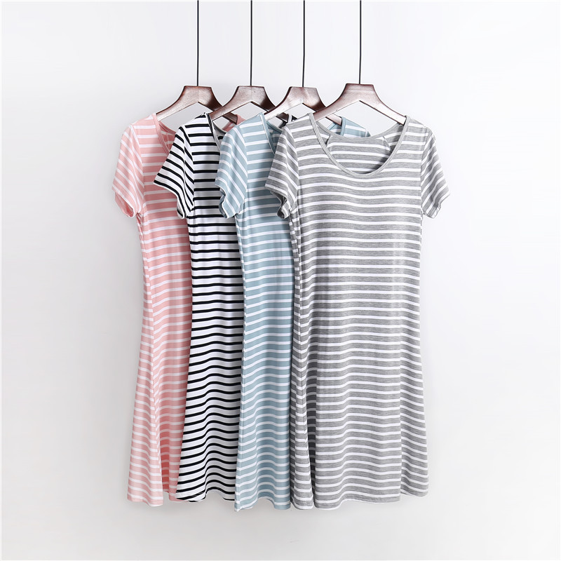 Modal Women with Chest Pad Cup All-in-One Striped Pajamas Nightwear Large Size Loose Exterior Wear