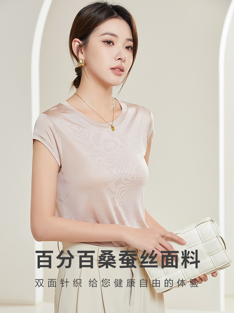 Tangge Spring and Summer Silk One-Sleeve Base Shirt Women's Home Clothes Mulberry Silk Crewneck Short-Sleeved T-Shirt Underarm Sweat-Absorbing Layer