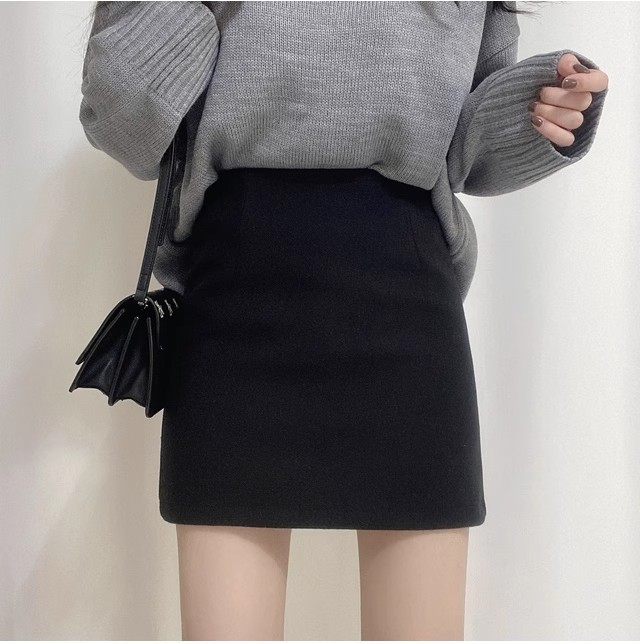 Grey Woolen Skirt Autumn and Winter Women's A- Line Skirt 2024 New Winter Skirt Black High Waist Hip Skirt
