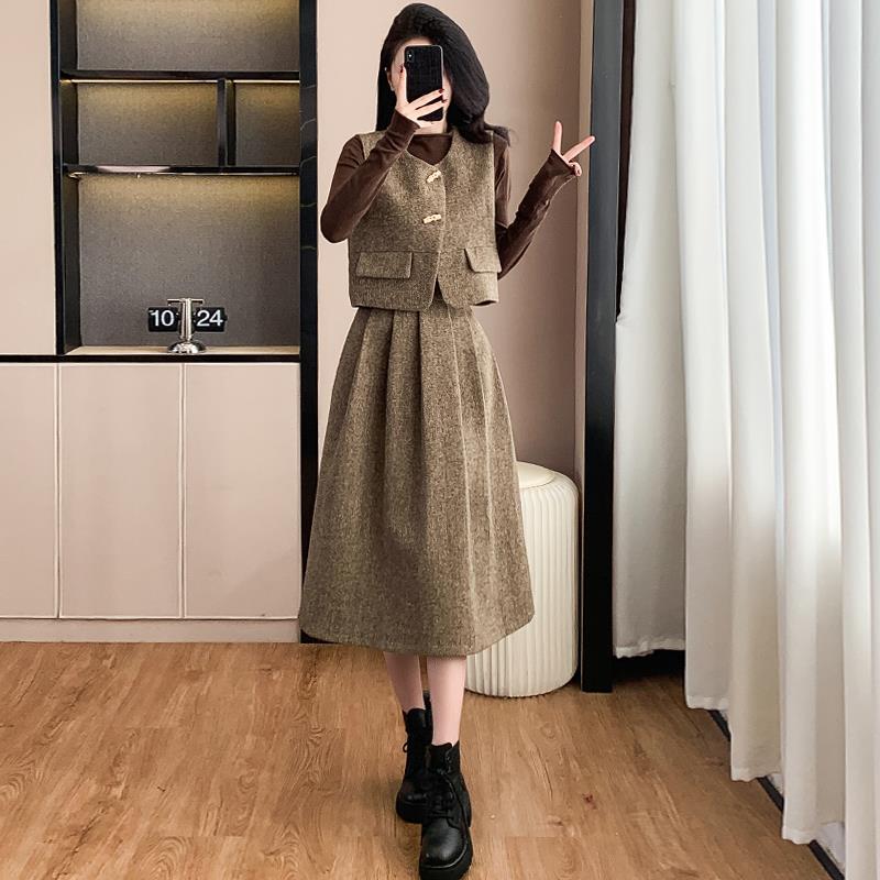 Real Shot Korean Fashion Slim Retro Buckle Vest Skirt Three-Piece Set Women's Fashion suit Trendy