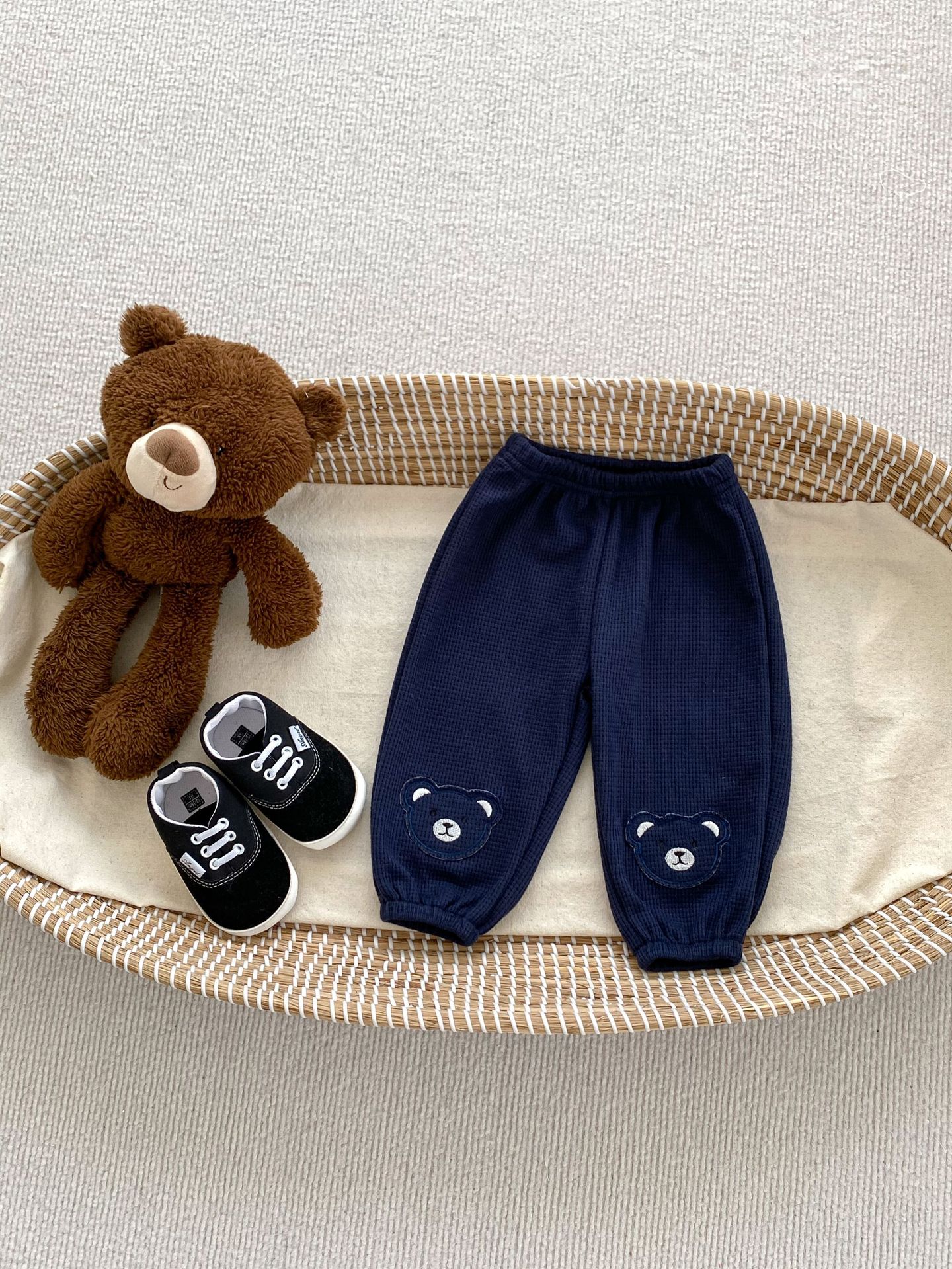 Picture of 2024 Spring Children's pants cute bear waffle pants thin outer wear baby baby casual ankle-tied pants