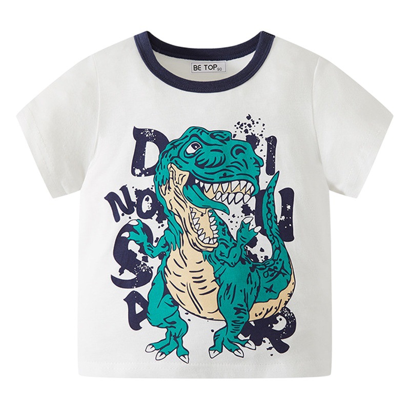 Boys Short-Sleeved T-Shirt 2025 New Kidsren's Clothing Kidsren's Cartoon Dinosaur Print Top Boy Baby Korean Style Half-Sleeved