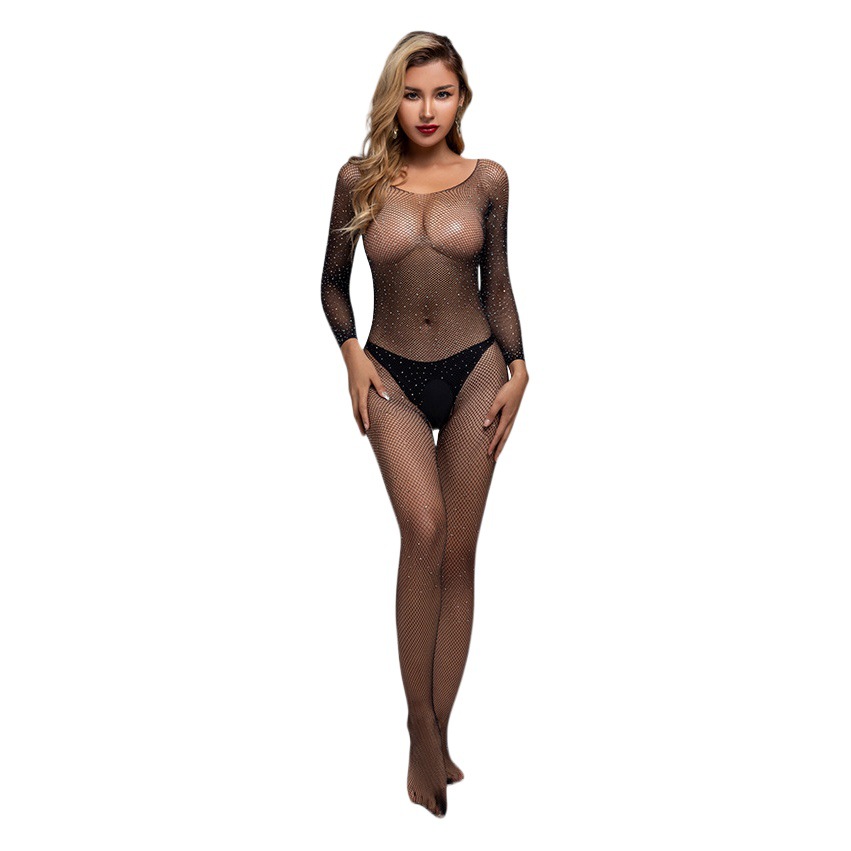 European and American sexy rhinestone mesh one-piece mesh with diamond open mesh suit one-piece mesh tights