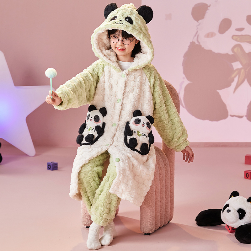 Girls' Winter Nightgown Coral Fleece Thickened Long Panda Cute Plush Pajamas Autumn and Winter Children's Pajamas for Girls